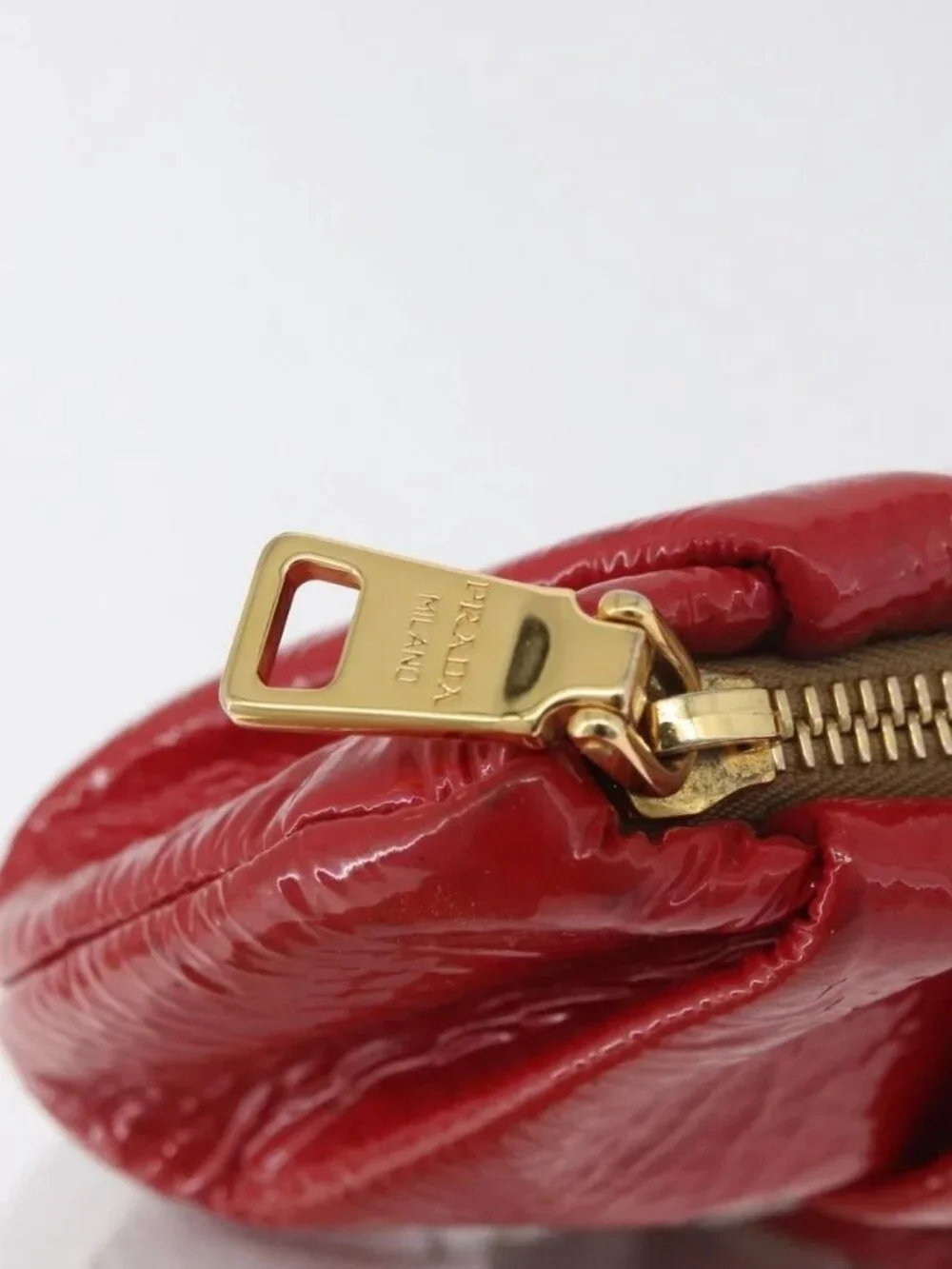 PRADA Pouch Patent leather Red Gold Auth